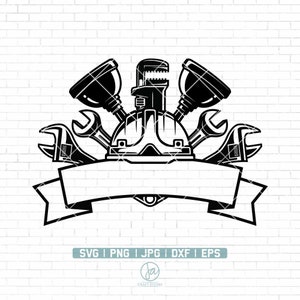 Peut inclure: Illustration en noir et blanc d'un casque de chantier, de clés et de clés à molette avec une bannière en dessous. La bannière est vide et peut être personnalisée avec du texte.