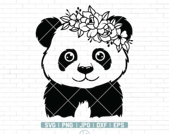 Floral Panda Svg | Panda Svg | Cute Animal Svg | Cute Baby Panda Svg | Baby Panda Png | Animal Svg | Panda with flower on head Svg | Png Dxf
