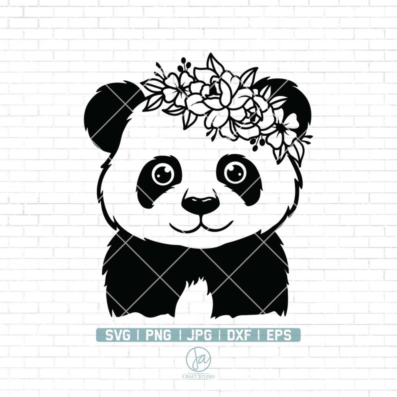 May include: Black and white illustration of a panda bear with a floral crown. The panda has large, round eyes and a sweet expression.