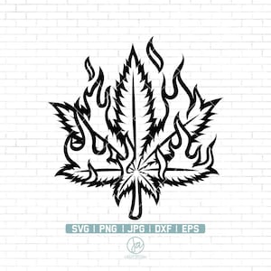 May include: Black and white illustration of a marijuana leaf with flames around it.