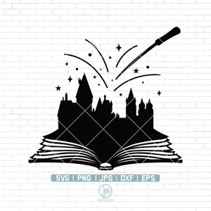 May include: Black and white silhouette of a castle with a magic wand casting sparks over an open book. The castle is a popular fictional location.
