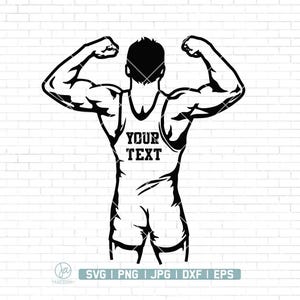 May include: Black and white silhouette of a person wearing a wrestling singlet with the text "YOUR TEXT" on the front. The person is flexing their biceps.