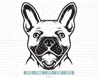 Puede incluir: Silueta en blanco y negro de la cabeza de un Bulldog Francés con una expresión juguetona. Las orejas del perro están levantadas y su lengua está fuera.