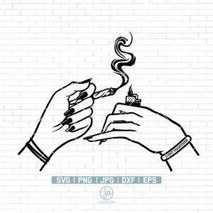 Puede incluir: Ilustración en blanco y negro de dos manos, una sosteniendo un cigarrillo encendido y la otra un encendedor. Las manos llevan pulseras que dicen "Joint Together".