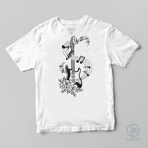 May include: A white t-shirt featuring a black graphic of an electric guitar with musical notes and flowers.