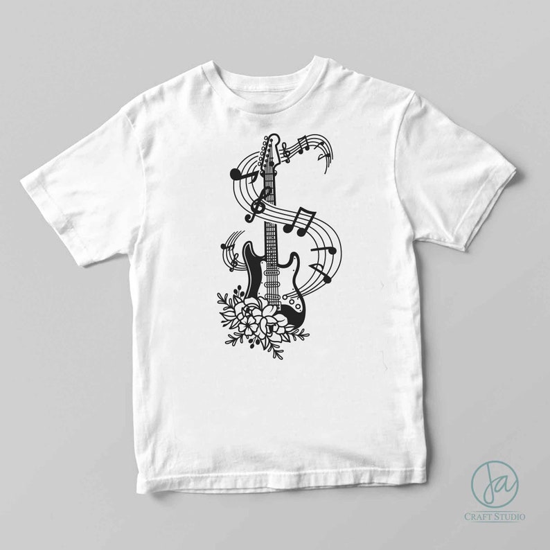 May include: A white t-shirt featuring a black graphic of an electric guitar with musical notes and flowers.
