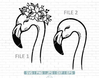 May include: Two black and white line art illustrations of flamingos. One flamingo has a floral crown on its head. The text "FILE 1" is below the first flamingo and "FILE 2" is below the second flamingo.