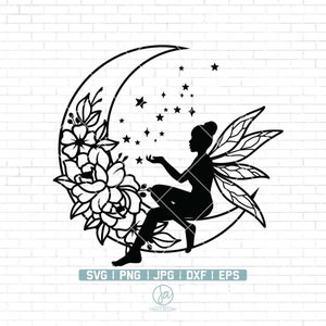 Blumenmond mit Feen Svg | Blumen Mond Svg | Blumenfee Svg | Feen Svg | Halbmond | Floral Moon Svg Dateien für Cricut | Png Dxf Jpg Eps