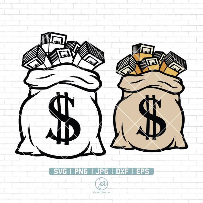 Op de afbeelding: Twee geldbuidels, &eacute;&eacute;n zwart-wit, de andere bruin, elk met een groot dollarteken. Beide zakken stromen over van stapels contant geld. De afbeelding bevat de tekst "SVG | PNG | JPG | DXF | EPS".
