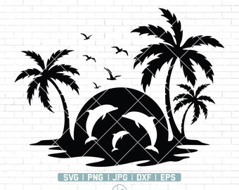 ビーチとイルカのシーン SVG ファイル | イルカ svg | ビーチライフ svg | トロピカル svg | ビーチ svg | 海の生き物 svg | 夏 svg | ビーチシャツ