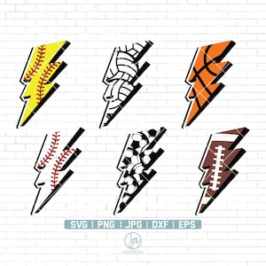 May include: A collection of six lightning bolt designs, each featuring a different sports ball: baseball, volleyball, basketball, baseball, soccer ball, and football. The designs are in yellow, orange, black, white, and brown. The image also includes the text "SVG | PNG | JPG | DXF | EPS".