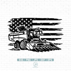 May include: Black and white silhouette of a combine harvester in front of a distressed American flag. The combine harvester is a large agricultural machine used for harvesting crops.