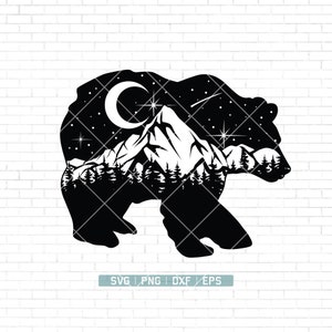 Outdoor Bear Svg | Bear Mountain Scene Svg | Forest Trees Svg | Camping svg file | hiking Svg | Mountain range | night sky | Cutting Files