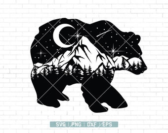 Outdoor Bear Svg | Bear Mountain Scene Svg | Forest Trees Svg | Camping svg file | hiking Svg | Mountain range | night sky | Cutting Files