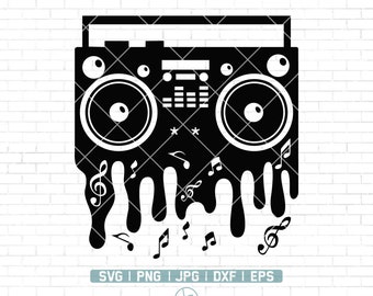 May include: Black and white silhouette of a boombox with dripping paint and musical notes. The boombox has two speakers, a cassette player, and a control panel. The dripping paint is in the shape of musical notes.