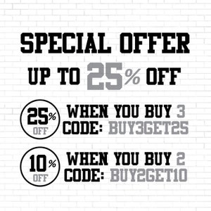 May include: A white brick wall with a black and grey text overlay. The text reads "SPECIAL OFFER UP TO 25% OFF" and includes two discount offers: "25% OFF WHEN YOU BUY 3 CODE: BUY3GET25" and "10% OFF WHEN YOU BUY 2 CODE: BUY2GET10".