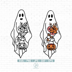 May include: A black and white line drawing of a ghost holding a pumpkin and flowers. The ghost has a friendly face and is wearing a sheet. The pumpkin is orange and has a carved face. The flowers are white and pink.