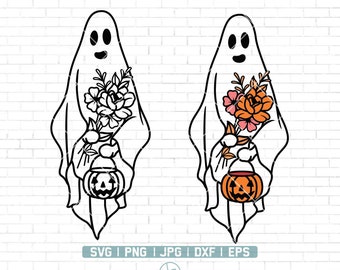 May include: A black and white line drawing of a ghost holding a pumpkin and flowers. The ghost has a friendly face and is wearing a sheet. The pumpkin is orange and has a carved face. The flowers are white and pink.