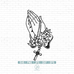 Bloemen biddende handen met rozenkrans SVG | Christelijke SVG | Bloemen Svg | Gebed Bid Decal T-Shirt | Biddende Handen Svg voor Cricut en Silhouet