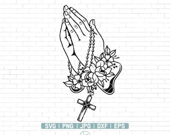 ロザリオと花の祈る手 SVG | キリスト教の SVG | 花の SVG | 祈りの