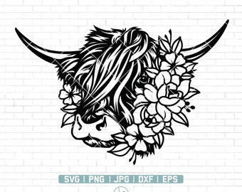 Highland Cow svg | Highland Heifer svg | Cow with Flower Crown SVG | Cow with Flowers on Head | Cow Clipart | Cow Png | Cute Cow svg file