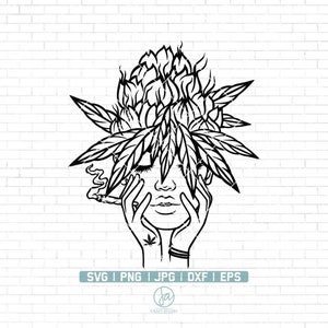 Puede incluir: Ilustración en blanco y negro de una mujer con una corona de hojas de marihuana y sosteniendo un porro en su mano.