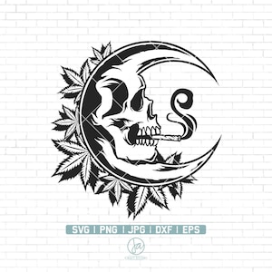 Raucher Weed Moon High Svg | Hoch wie der Mond Svg | Totenkopf Smoking Joint Svg | Totenkopf Raucher Cannabis Svg | Raucher Marihuana svg | Geschnittene Dateien