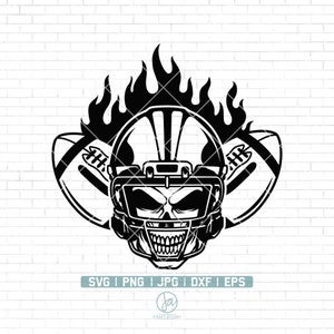 May include: Black and white illustration of a skull wearing a football helmet with flames behind it. The skull is wearing a football helmet with a face mask. The helmet is surrounded by two footballs.