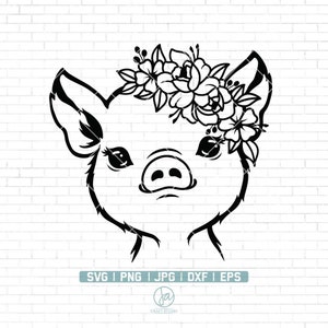 Pig SVG file | Pig with Flower Crown SVG | Animal Face | Pig with Flowers on Head Svg | Cute Pig svg | Farm Animals Svg | Png Dxf Jpg Eps