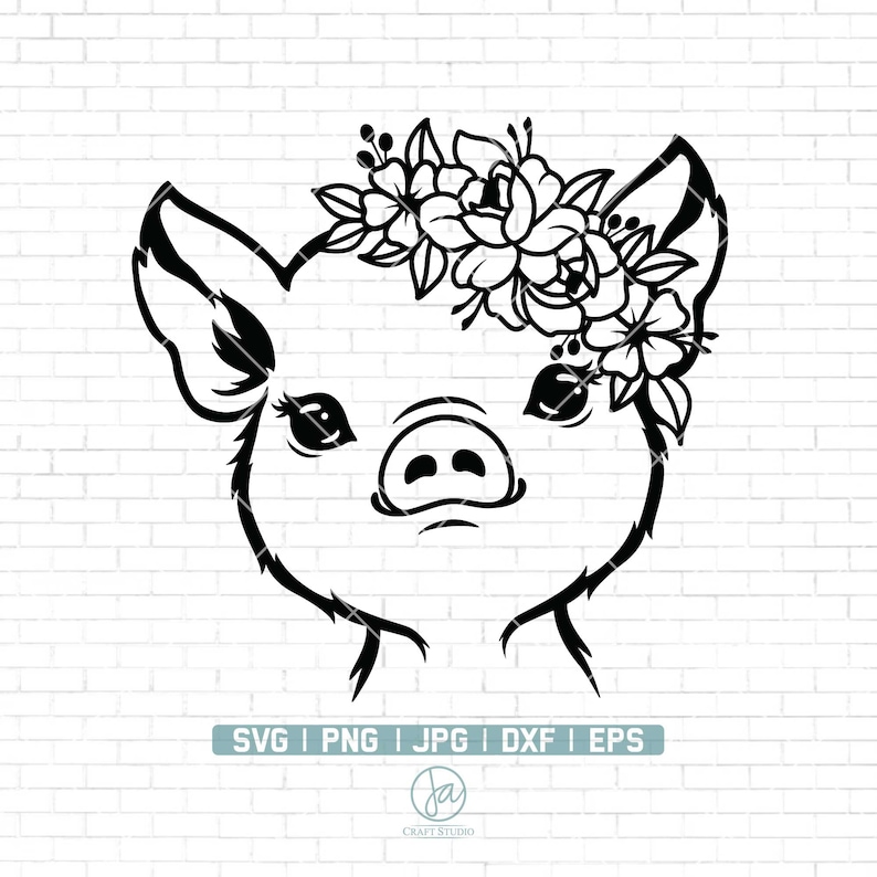 May include: Black and white line art illustration of a pig with a floral crown. The pig is looking forward with its eyes closed. The floral crown is made of simple flowers and leaves.