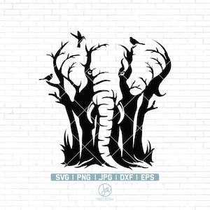May include: Black silhouette of an elephant with trees growing out of its head. The trees have branches and birds perched on them. The elephant's trunk is long and curved. The image is a simple, stylized design.