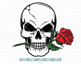 Caveira Rosa SVG | Crânio Mordendo Rosa SVG | Crânio Camiseta de <br> Entrega Rápida? Rosa Svg | Crânio SVG | Crânio Rosa Svg | Cricut e silhueta para impressão | Png Dxf Eps