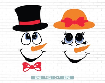 May include: Two snowman faces with black eyes, red mouths, and orange noses. The snowman on the left has a black top hat with a red band. The snowman on the right has an orange hat with a red bow.