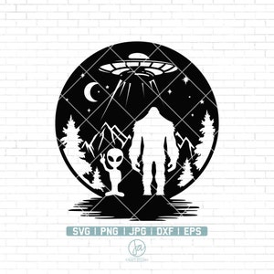 Bigfoot and alien under the moon Svg | Bigfoot Svg | Wild Monster Svg | Alien Svg | UFO Svg | Cricut & Silhouette | Printable | Png Dxf Eps