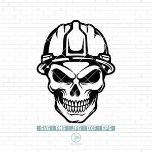 May include: Black and white illustration of a skull wearing a hard hat. The skull has a menacing expression with a wide grin and furrowed brow.