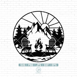 Cena de montanha com cadeiras Adirondack Svg | Acampamento Florestal Svg | Balde de acampamento | Acampamento Svg | Camisa de acampamento | Vetor Clipart Png Dxf Jpg Eps