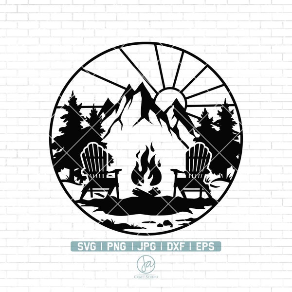 Mountain Scene With Adirondack Chairs Svg | Forest Camping Svg | Camp Bucket | Camping Svg | Camping Shirt | Clipart Vector Png Dxf Jpg Eps