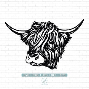 May include: Black and white silhouette of a Highland cow's head with long, shaggy hair. The cow is looking to the left.