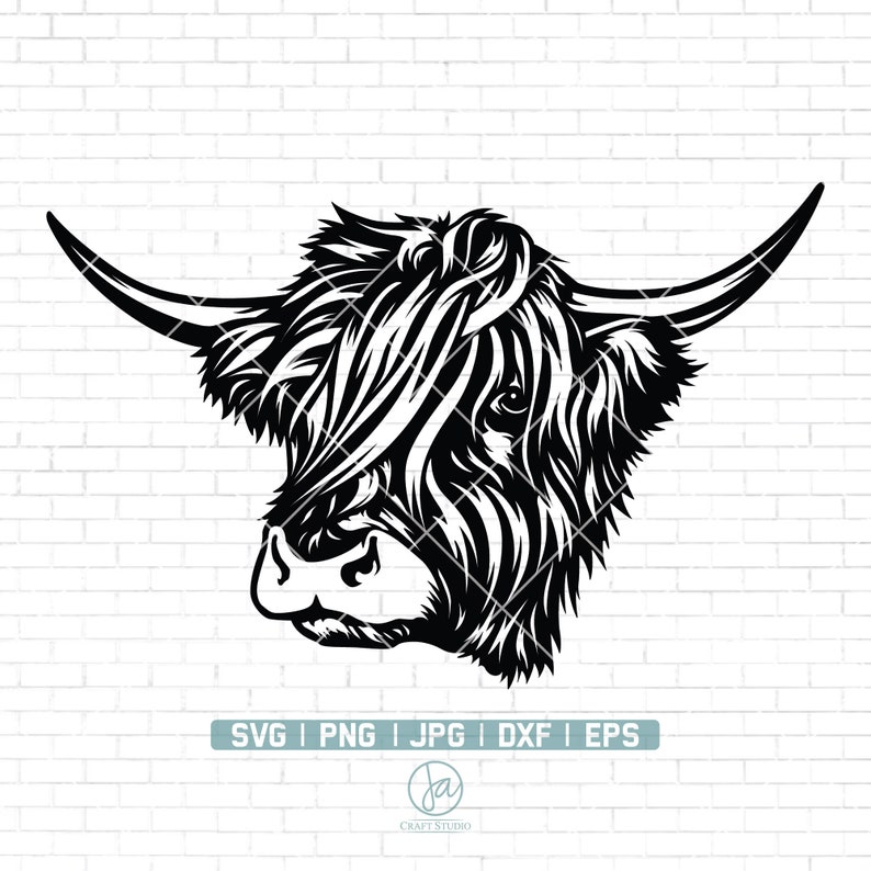 May include: Black and white silhouette of a Highland cow's head with long, shaggy hair. The cow is looking to the left.