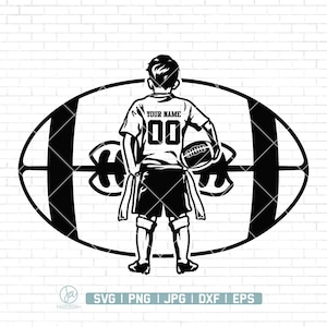 May include: Black and white silhouette of a young person wearing a football jersey with the text "YOUR NAME" and the number "00" on the back. The person is holding a football and standing in front of a football.