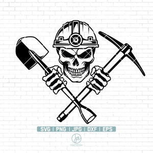 May include: Black and white illustration of a skull wearing a miner's helmet and holding a pickaxe and shovel.