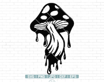 May include: Black and white silhouette of a dripping mushroom with white spots on the cap.