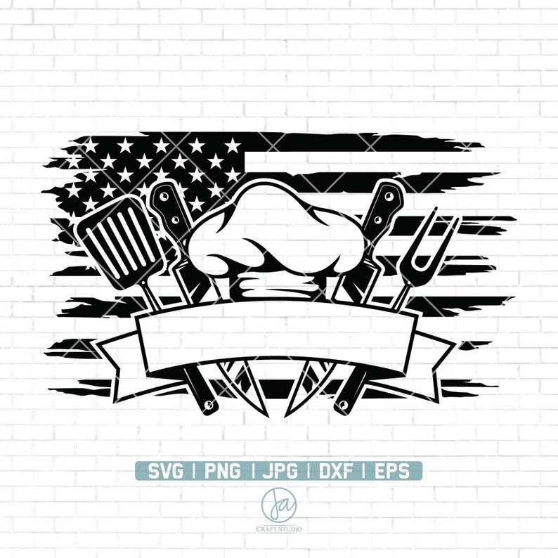 May include: Black and white distressed American flag design with a chef's hat, spatula, knife, and fork. The design includes a blank banner with space for text.