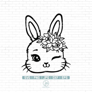 Bloemen Konijn Svg | Paashaas Svg | Konijn met bloemen Svg | Cute Bunny Face Svg | Rabbit Svg Cut Files voor Cricut | Png Dxf Jpg Eps