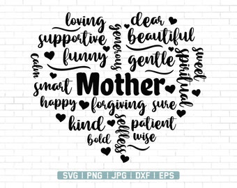 May include: A black and white heart-shaped word cloud with the word "Mother" in the center. The words surrounding "Mother" include "loving", "supportive", "funny", "smart", "happy", "forgiving", "kind", "bold", "dear", "beautiful", "gentle", "sure", "patient", "wise", "sweet", "spiritual", "generous", "calm", "selfless".