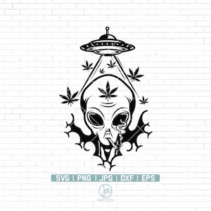 Puede incluir: Ilustración en blanco y negro de un extraterrestre fumando un porro con un OVNI arriba y hojas de marihuana alrededor de la cabeza del extraterrestre.