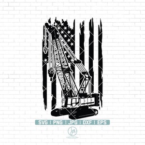 May include: Black and white silhouette of a construction crane in front of a distressed American flag. The crane is a side view with the boom extended and the hook lowered. The flag is a distressed design with a white star field and red and white stripes.