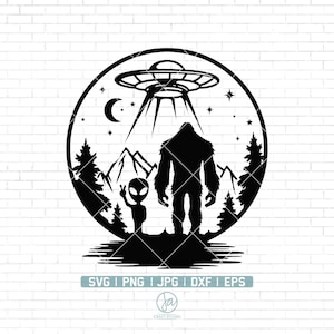 Bigfoot and alien under the moon Svg | Bigfoot Svg | Alien Svg | UFO Svg | Yeti Svg | Cricut & Silhouette | Printable | Vector | Png Dxf Eps