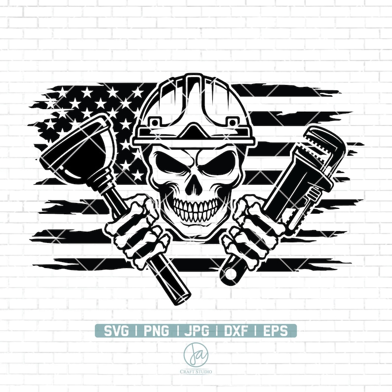 May include: Black and white graphic of a skull wearing a hard hat, holding a plunger and a wrench, set against a distressed American flag. The image includes the text "SVG | PNG | JPG | DXF | EPS" and a logo.