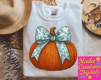 Knitted Pumpkin PNG Clipart, Fall Preppy Bow, Sublimation Design (Digital Download)